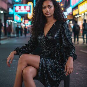 Black Sequin V-Neck Going Out Long Sleeve Top Size S WAYF